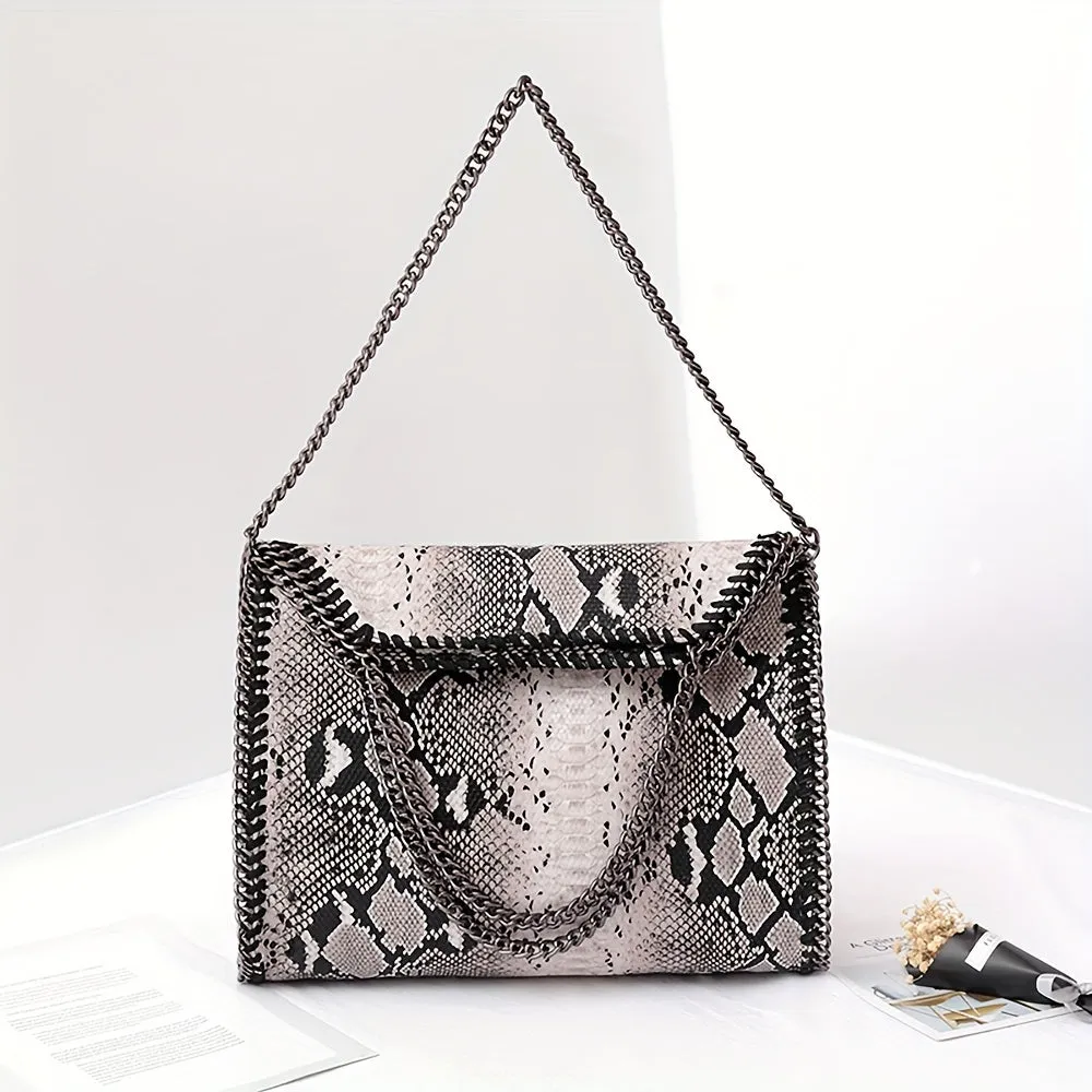 realaiot  Trendy Snake Pattern Tote Bag, Foldable PU Leather Shoulder Bag, Perfect Underarm Bag For Daily Use