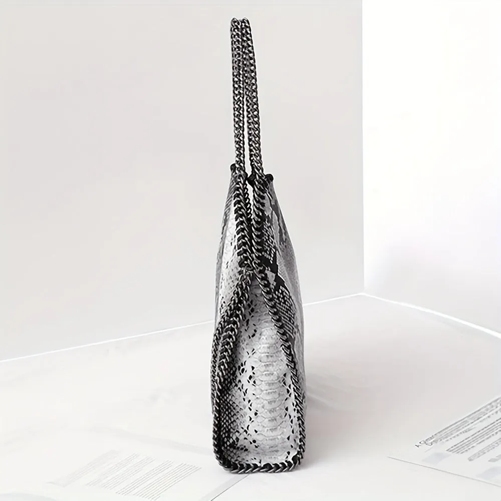 realaiot  Trendy Snake Pattern Tote Bag, Foldable PU Leather Shoulder Bag, Perfect Underarm Bag For Daily Use