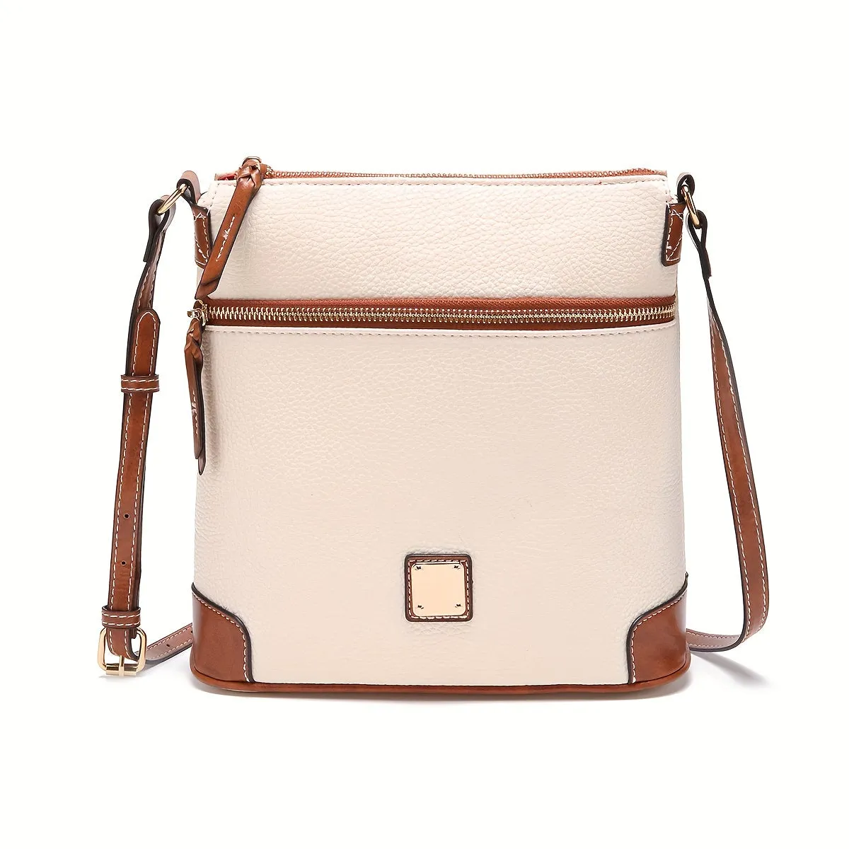 realaiot  Vintage Zipper Crossbody Bag, PU Leather Textured Bag, Classic Fashion Versatile Shoulder Bag