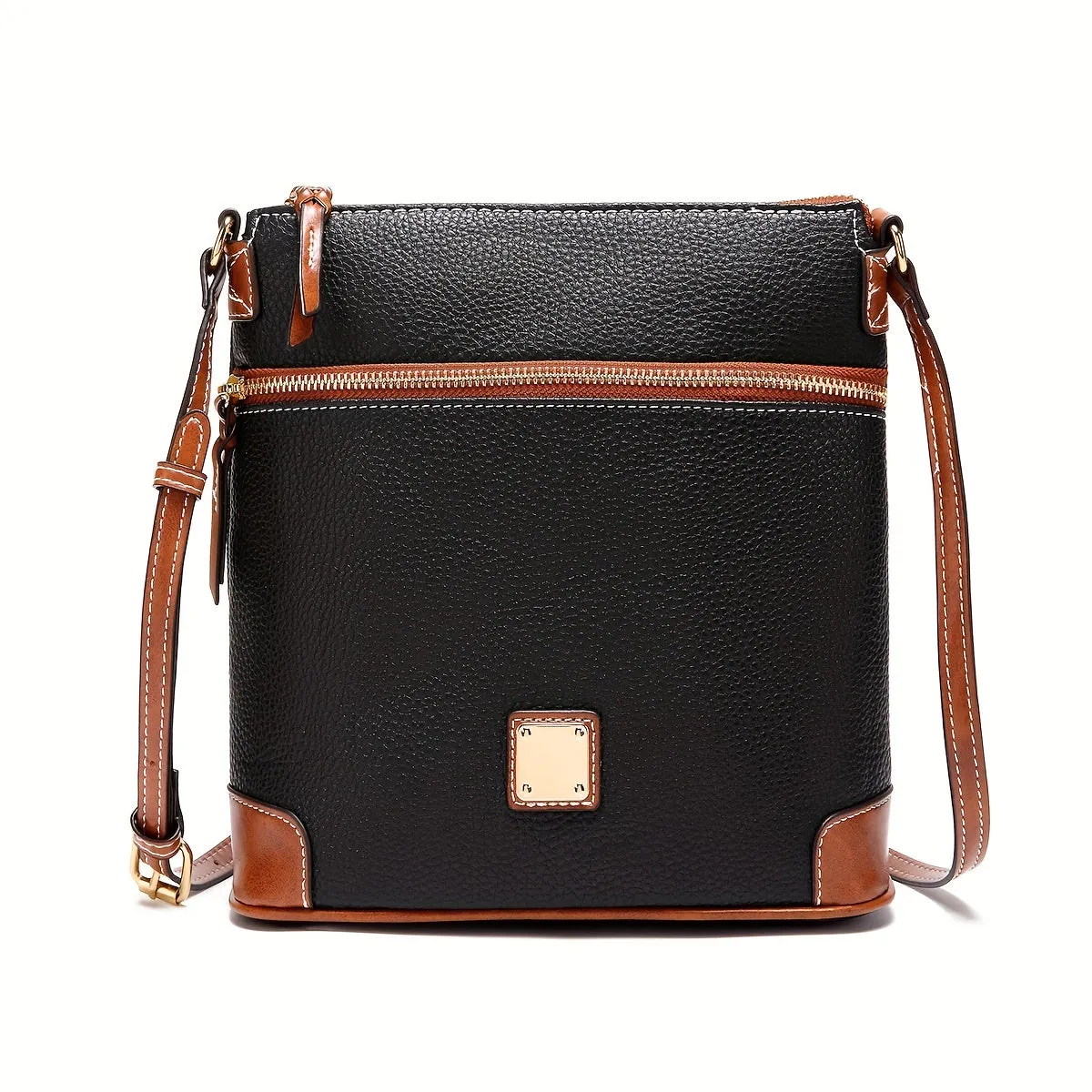 realaiot  Vintage Zipper Crossbody Bag, PU Leather Textured Bag, Classic Fashion Versatile Shoulder Bag