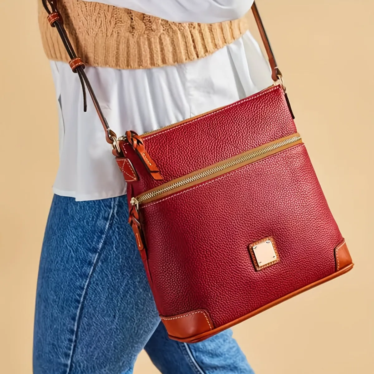 realaiot  Vintage Zipper Crossbody Bag, PU Leather Textured Bag, Classic Fashion Versatile Shoulder Bag