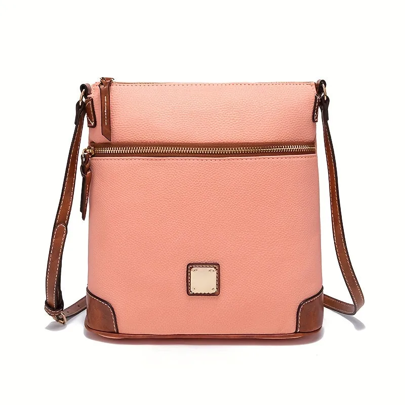 realaiot  Vintage Zipper Crossbody Bag, PU Leather Textured Bag, Classic Fashion Versatile Shoulder Bag