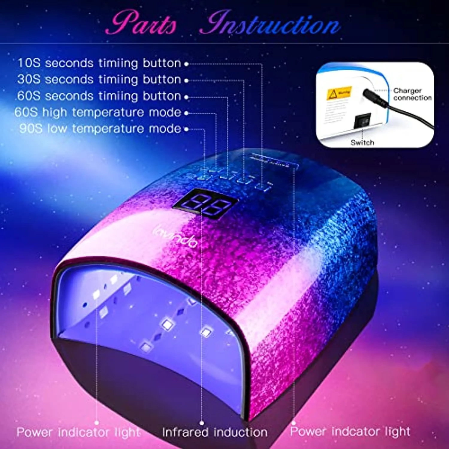 Rechargeable 48W U V /LED Nail lamp with Metal Bottom, Lavinda Cordless Wireless Nail Dryer with Smart Sensor, Large Space LED Nail Curing Light for Acrylic and Gel Polish Unique Crystal Craftwork