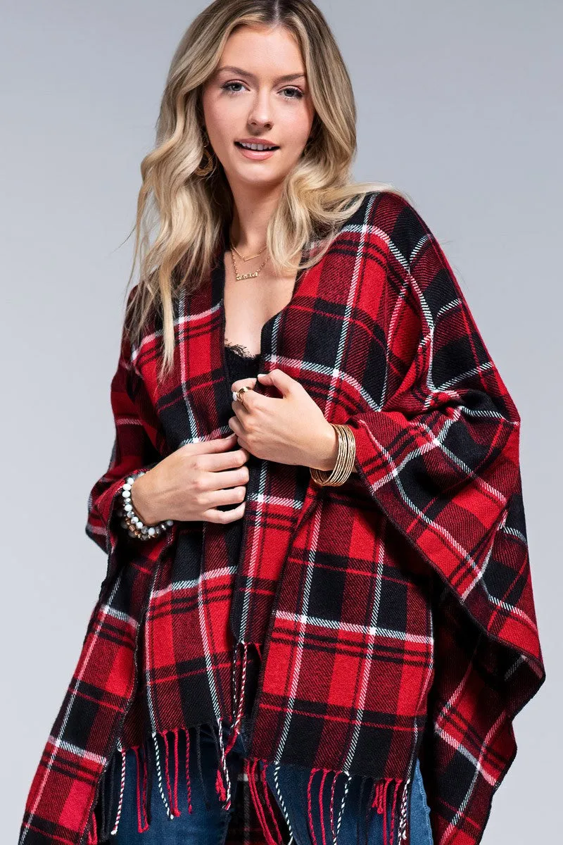 Red & Black Plaid Open Front Ruana * on sale