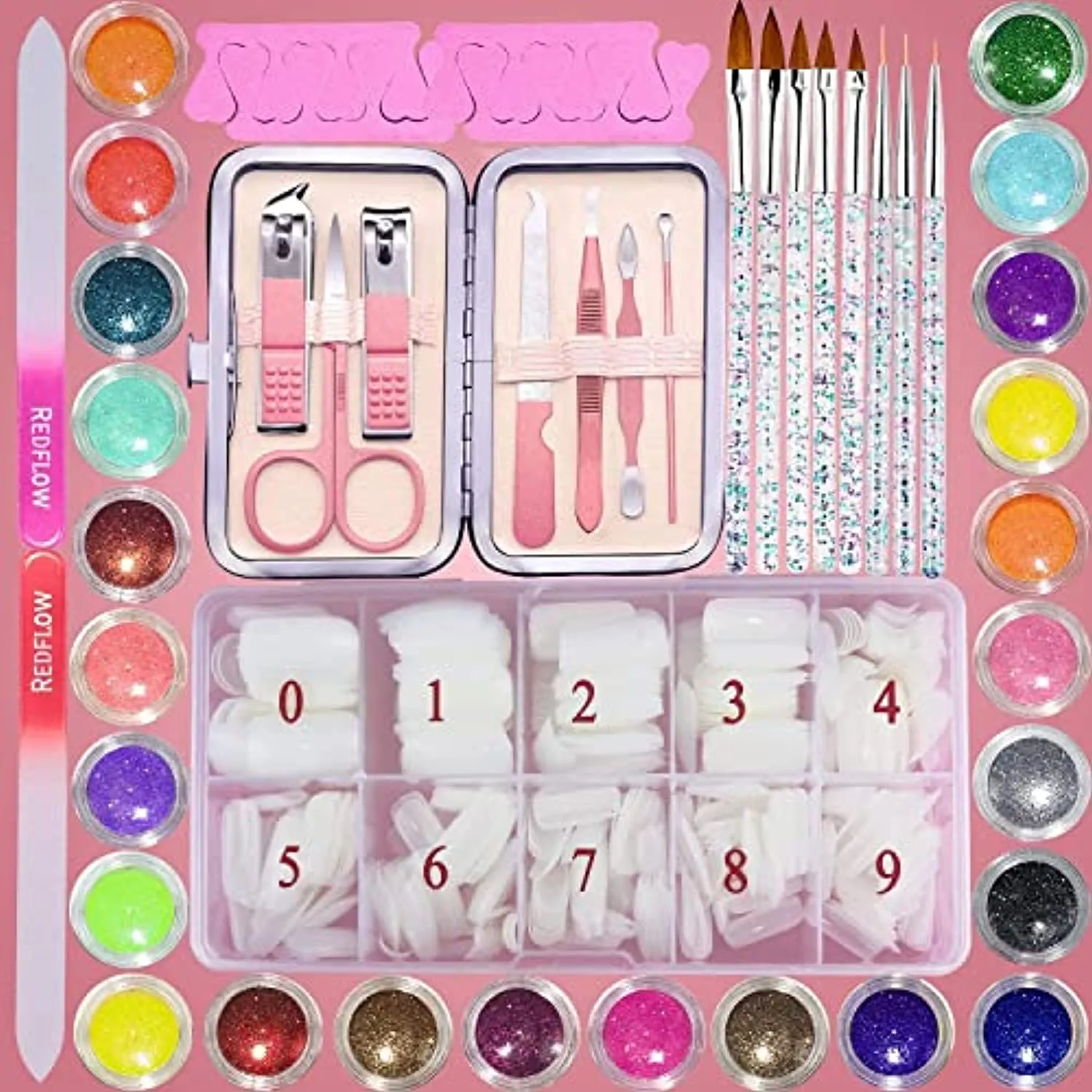RedFlow Acrylic False Nail Tips Kit and RedFlow Electric Nail Drill,500 Acrylic Nails 8 Acrylic Nail Brush 2 Separators 1 Nail Kit 2 Nail Files 24 Acrylic Nail Powder