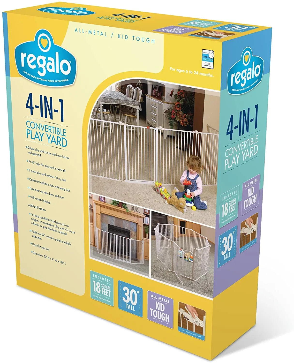 Retails $180 New in box! Regalo 192-Inch Super Wide 4 in 1 Gate and Play Yard, White! Can convert from a super wide gate to an 8-panel play yard