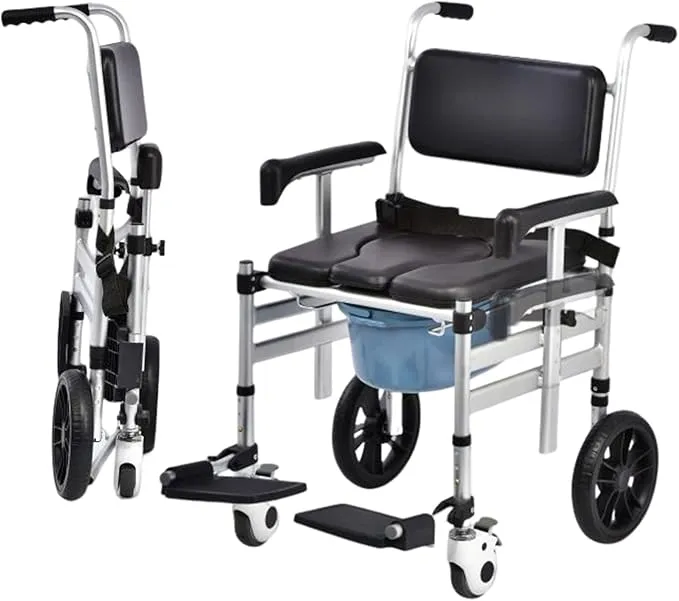 Retails $379 New in box! Padded Folding Commode Chair for Elderly, Disabled, Adjustable Commode Chair with Wheels, Lifting Armrests, Flip-Up Footrest
