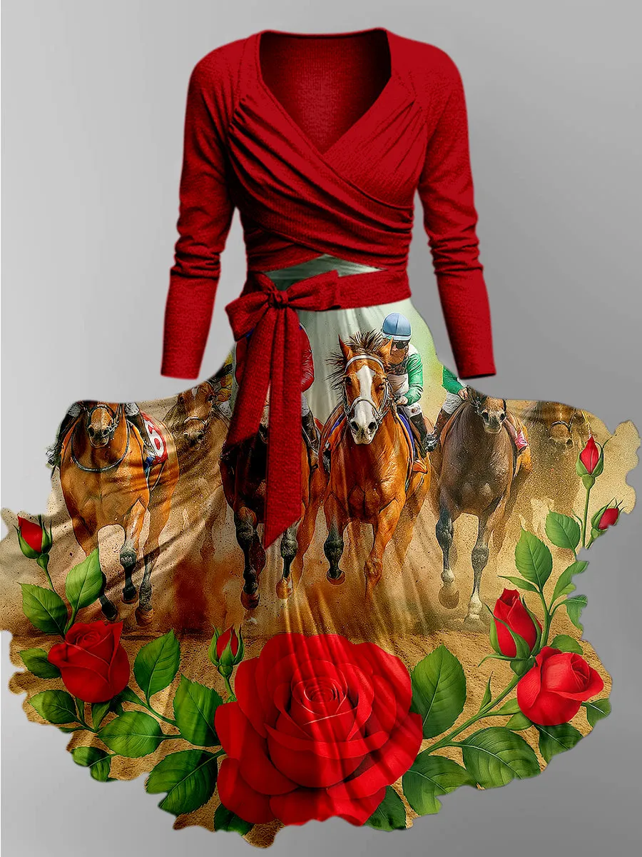 Retro Dreby Horse Art Printed Vintage Unique Slim Fit Cross Wrap Long Sleeve Two-Piece Midi Dress