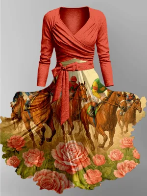 Retro Dreby Horse Art Printed Vintage Unique Slim Fit Cross Wrap Long Sleeve Two-Piece Midi Dress