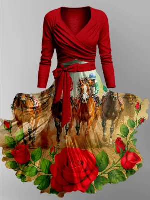 Retro Dreby Horse Art Printed Vintage Unique Slim Fit Cross Wrap Long Sleeve Two-Piece Midi Dress