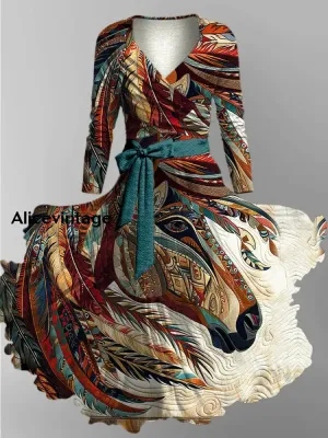 Retro Floral Art Printed Vintage Unique Slim Fit Cross Wrap Long Sleeve Two-Piece Midi Dress