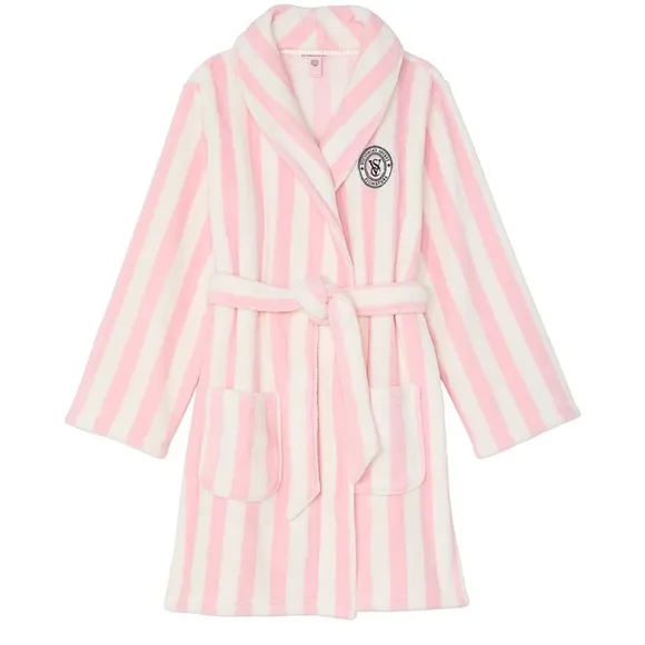 Robe Short cozy soft plush Victoria’s Secret size m/large pink white stripe💕🤍✨