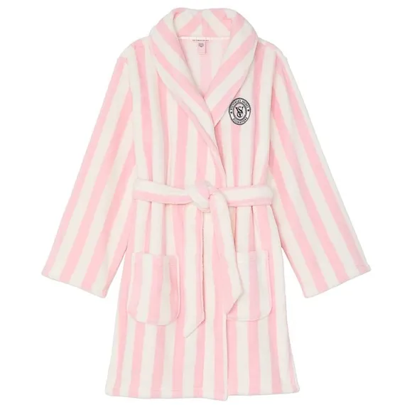 Robe Short cozy soft plush Victoria’s Secret size XL/large pink white stripe🤍✨🩷