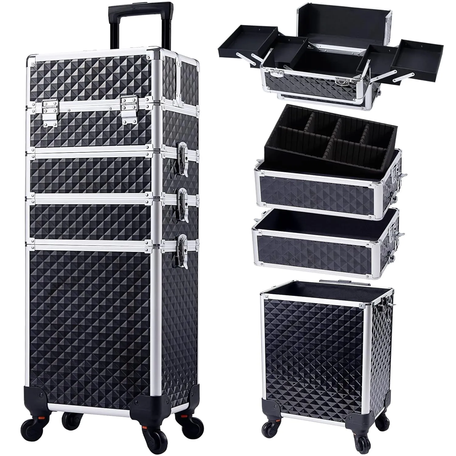 Rolling Makeup Train Case Large Storage Cosmetic Trolley 4 in 1 Large Capacity Trolley Makeup Travel Case with Key Swivel Wheels Salon Barber Case Traveling Cart Trunk - Black