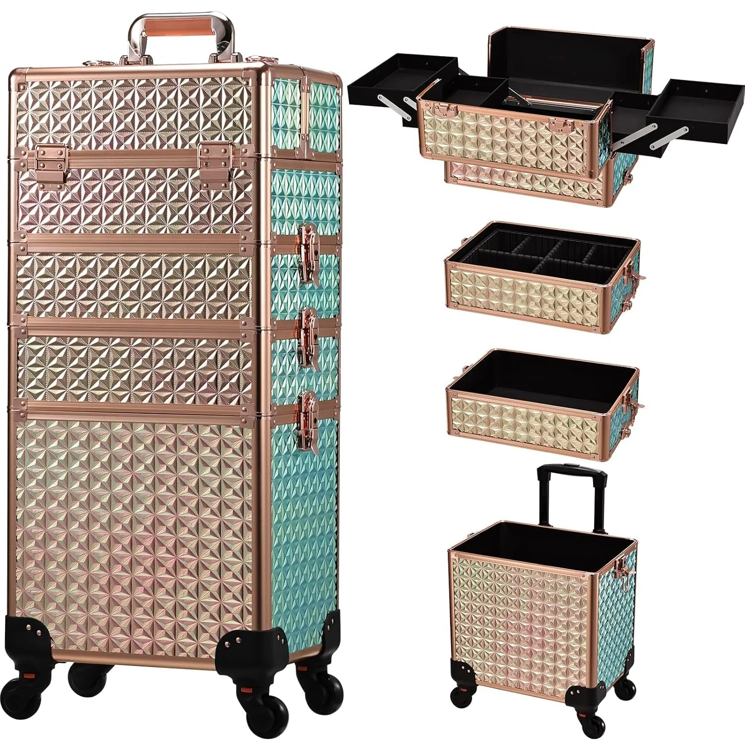 Rolling Makeup Train Case Large Storage Cosmetic Trolley 4 in 1 Large Capacity Trolley Makeup Travel Case with Key Swivel Wheels Salon Barber Case Traveling Cart Trunk - Black