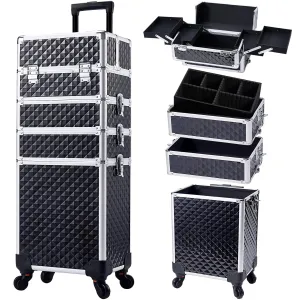 Rolling Makeup Train Case Large Storage Cosmetic Trolley 4 in 1 Large Capacity Trolley Makeup Travel Case with Key Swivel Wheels Salon Barber Case Traveling Cart Trunk - Black