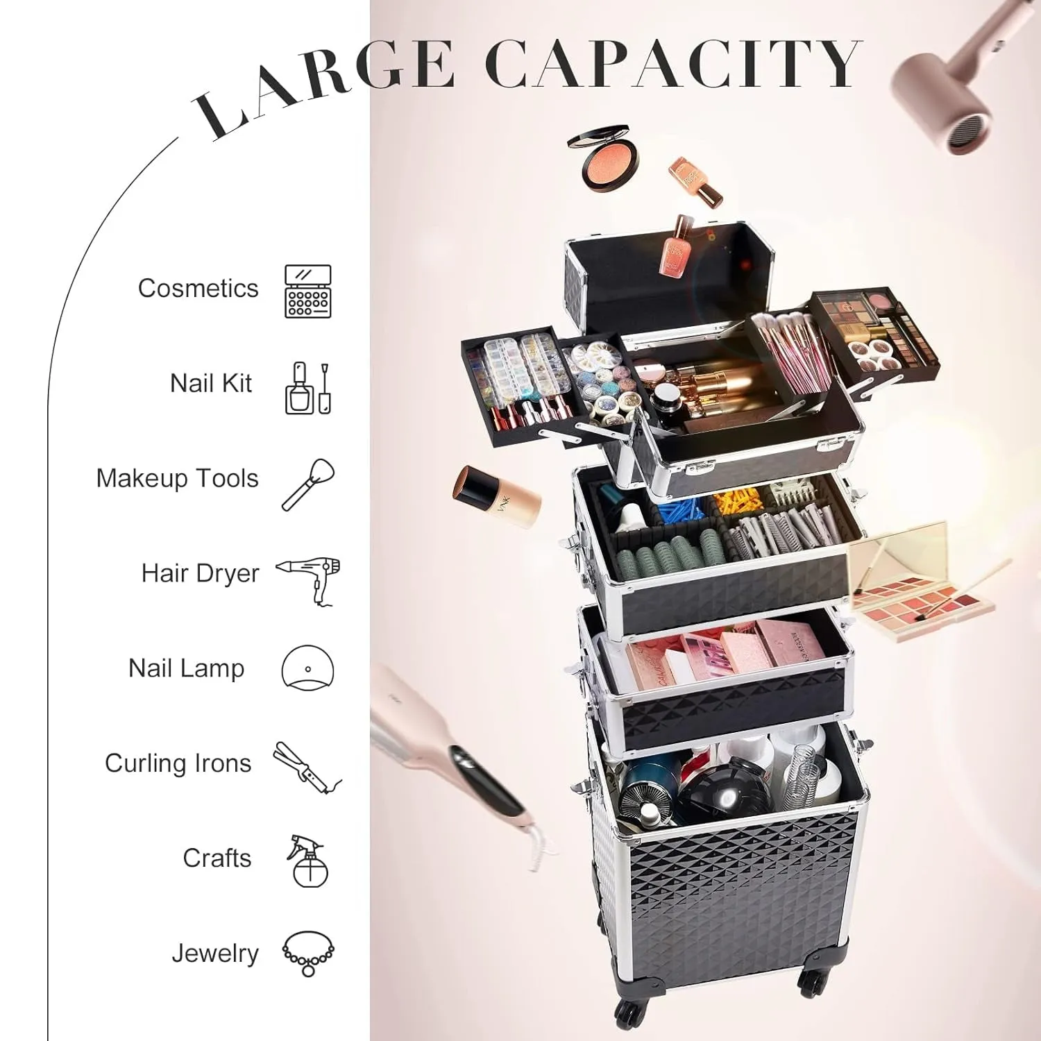 Rolling Makeup Train Case Large Storage Cosmetic Trolley 4 in 1 Large Capacity Trolley Makeup Travel Case with Key Swivel Wheels Salon Barber Case Traveling Cart Trunk - Black