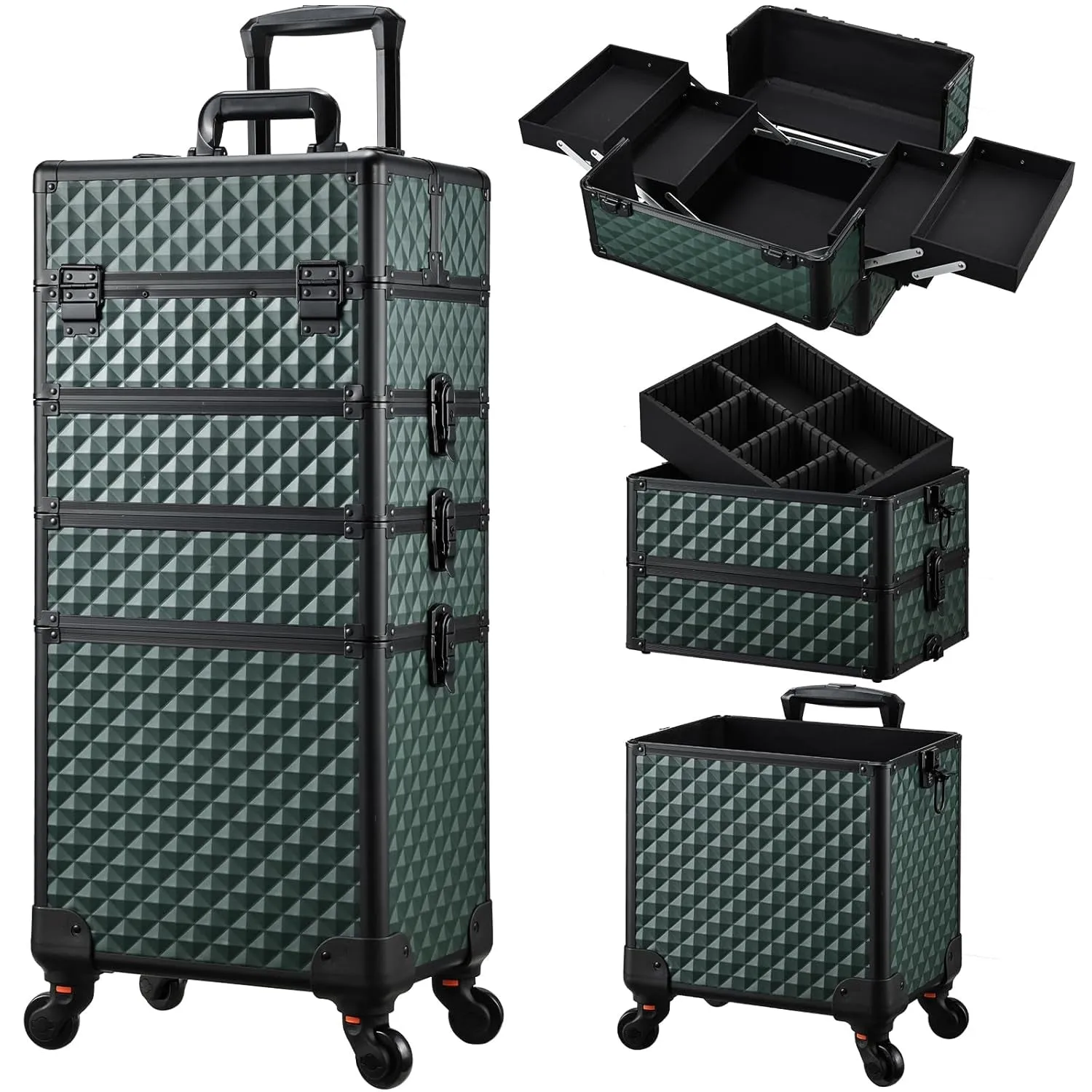 Rolling Makeup Train Case Large Storage Cosmetic Trolley 4 in 1 Large Capacity Trolley Makeup Travel Case with Key Swivel Wheels Salon Barber Case Traveling Cart Trunk - Black