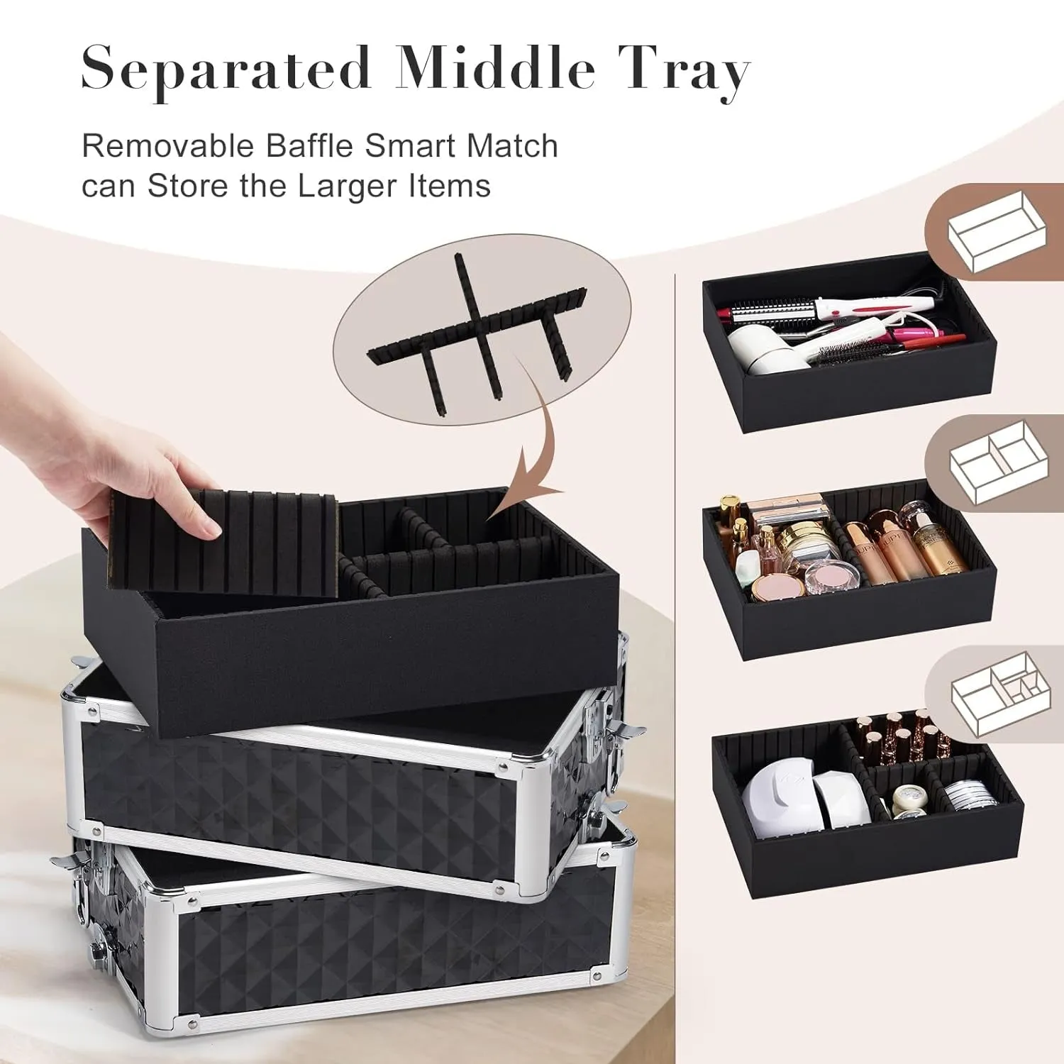 Rolling Makeup Train Case Large Storage Cosmetic Trolley 4 in 1 Large Capacity Trolley Makeup Travel Case with Key Swivel Wheels Salon Barber Case Traveling Cart Trunk - Black