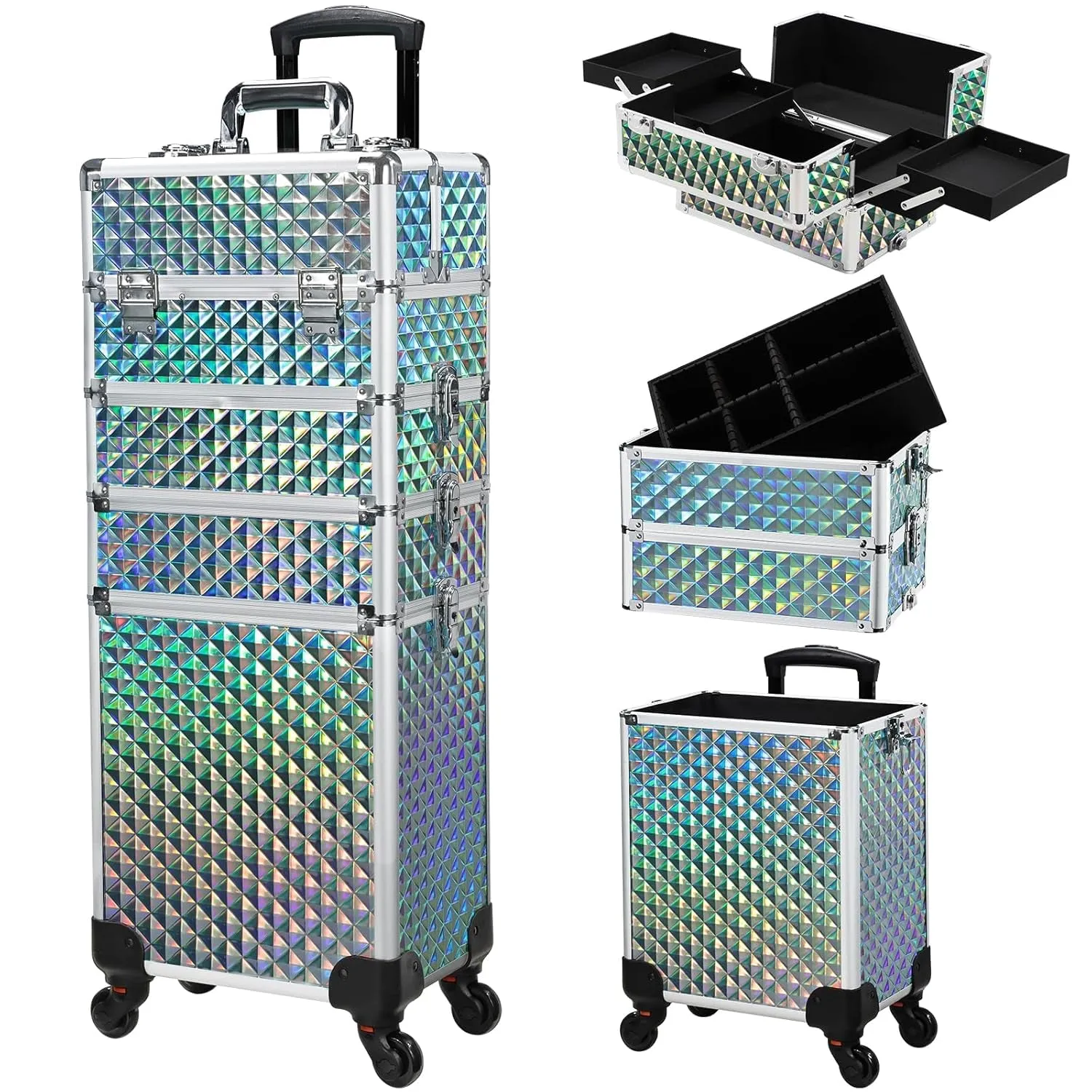 Rolling Makeup Train Case Large Storage Cosmetic Trolley 4 in 1 Large Capacity Trolley Makeup Travel Case with Key Swivel Wheels Salon Barber Case Traveling Cart Trunk - Black