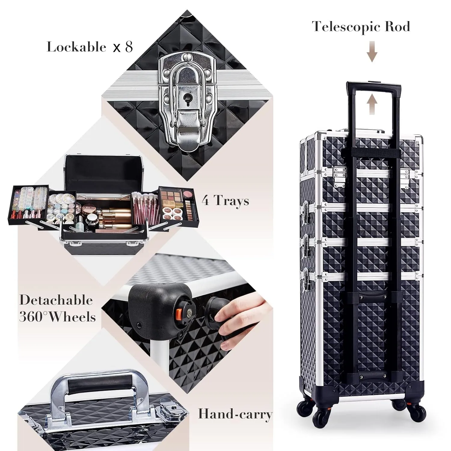 Rolling Makeup Train Case Large Storage Cosmetic Trolley 4 in 1 Large Capacity Trolley Makeup Travel Case with Key Swivel Wheels Salon Barber Case Traveling Cart Trunk - Black