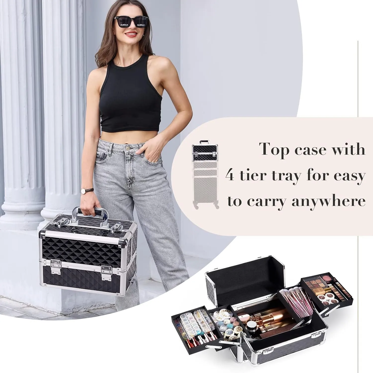 Rolling Makeup Train Case Large Storage Cosmetic Trolley 4 in 1 Large Capacity Trolley Makeup Travel Case with Key Swivel Wheels Salon Barber Case Traveling Cart Trunk - Black