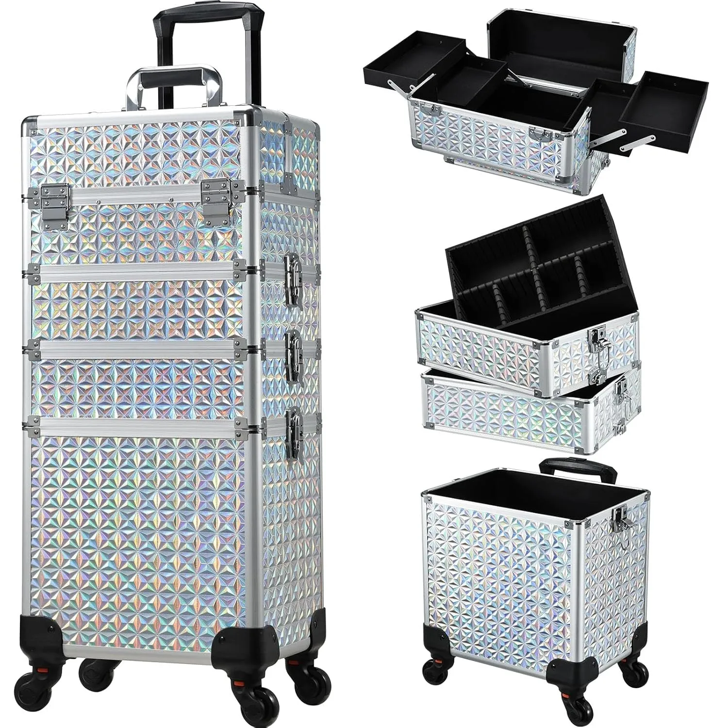 Rolling Makeup Train Case Large Storage Cosmetic Trolley 4 in 1 Large Capacity Trolley Makeup Travel Case with Key Swivel Wheels Salon Barber Case Traveling Cart Trunk - Black