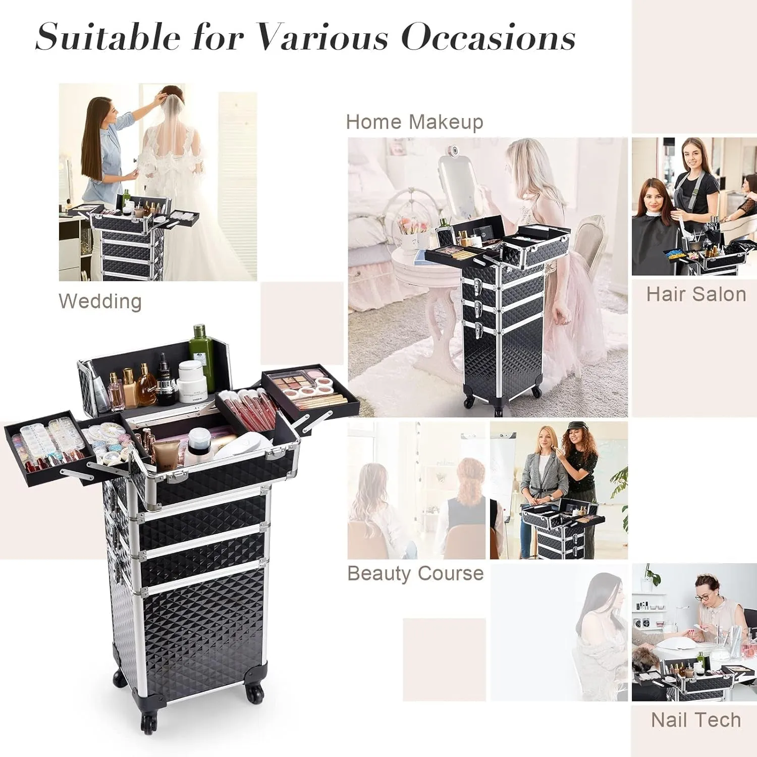 Rolling Makeup Train Case Large Storage Cosmetic Trolley 4 in 1 Large Capacity Trolley Makeup Travel Case with Key Swivel Wheels Salon Barber Case Traveling Cart Trunk - Black
