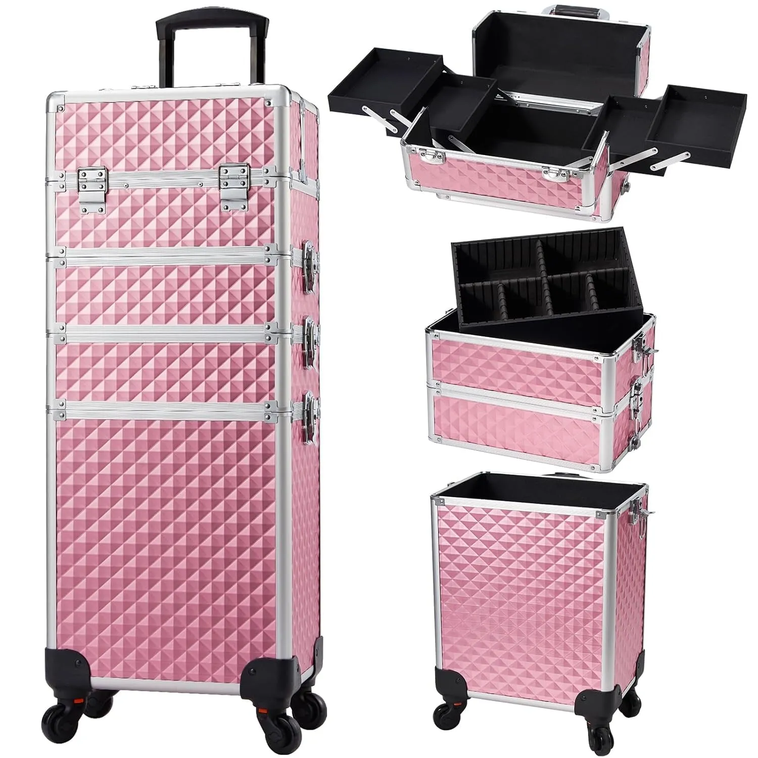 Rolling Makeup Train Case Large Storage Cosmetic Trolley 4 in 1 Large Capacity Trolley Makeup Travel Case with Key Swivel Wheels Salon Barber Case Traveling Cart Trunk - Black