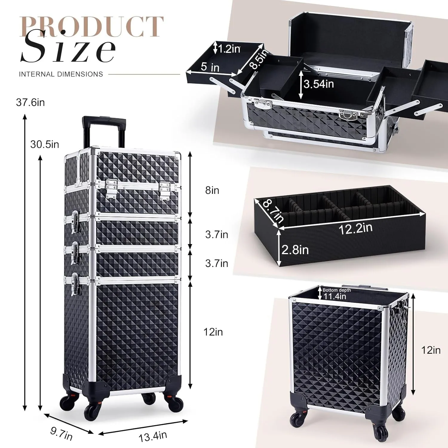 Rolling Makeup Train Case Large Storage Cosmetic Trolley 4 in 1 Large Capacity Trolley Makeup Travel Case with Key Swivel Wheels Salon Barber Case Traveling Cart Trunk - Black
