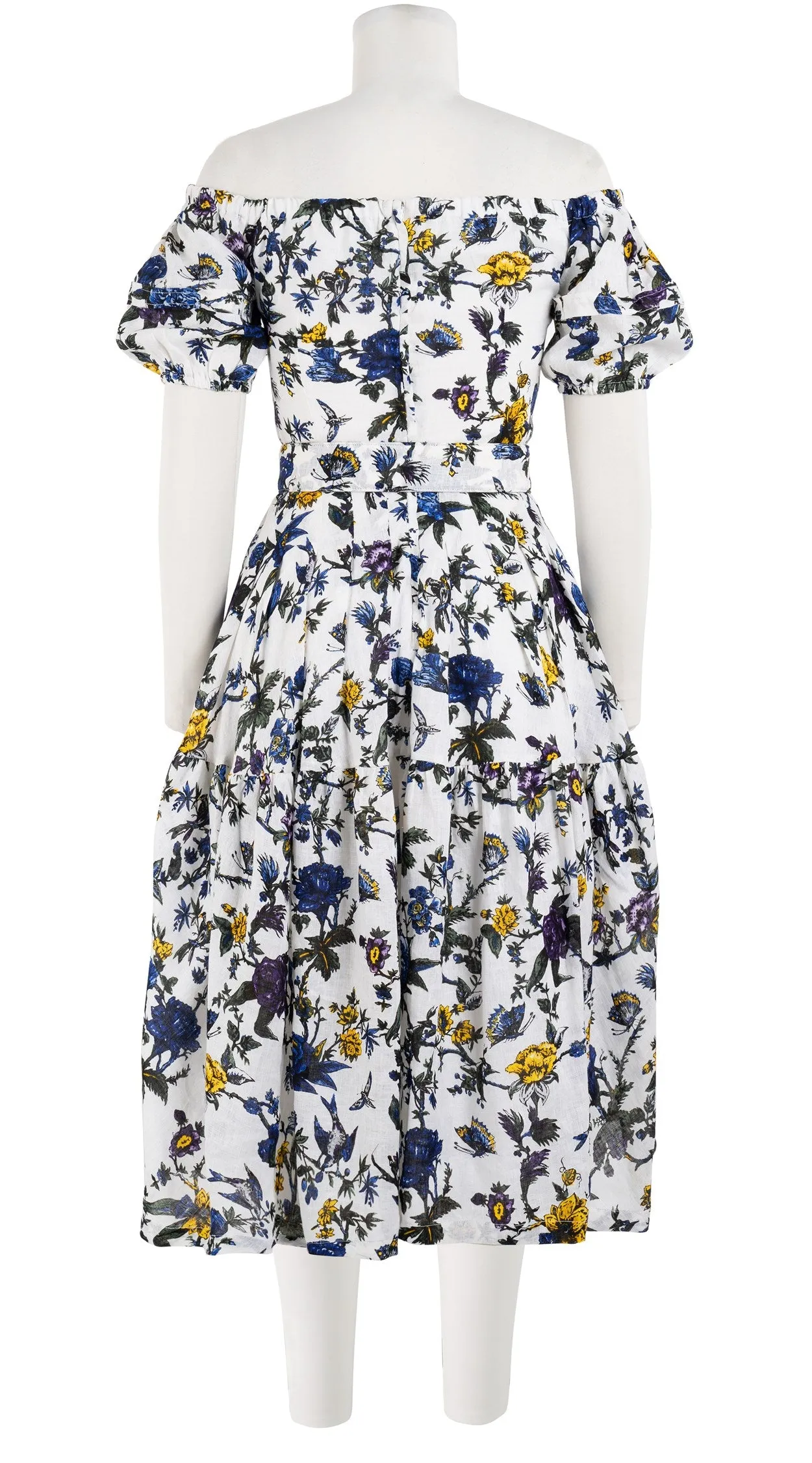 Rose Dress Off Shoulder Short Puff Sleeve Long Length Linen (Jardin Botanic)