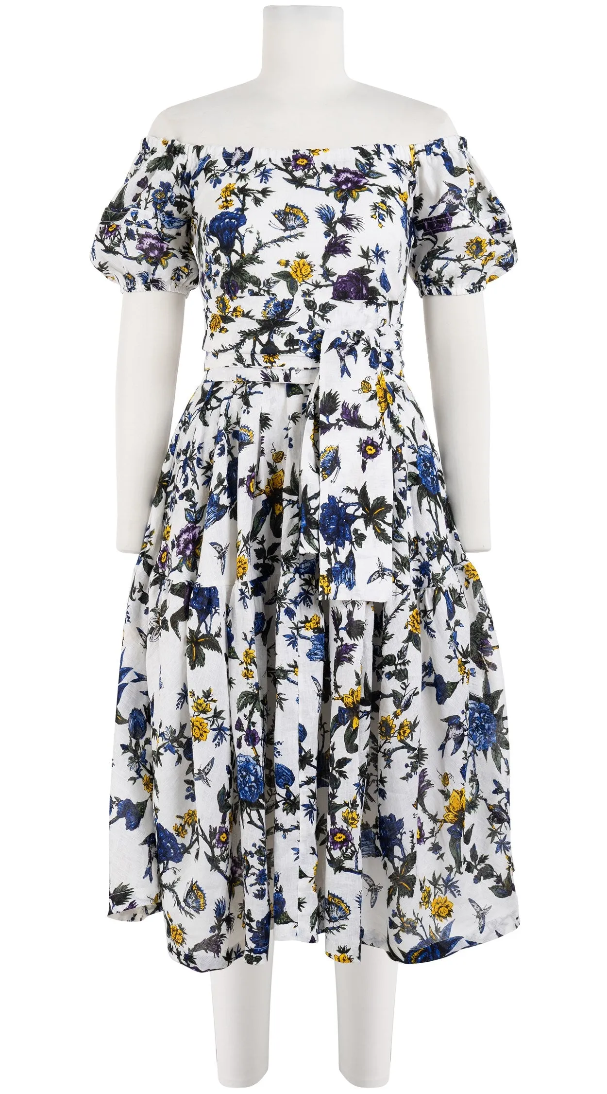 Rose Dress Off Shoulder Short Puff Sleeve Long Length Linen (Jardin Botanic)