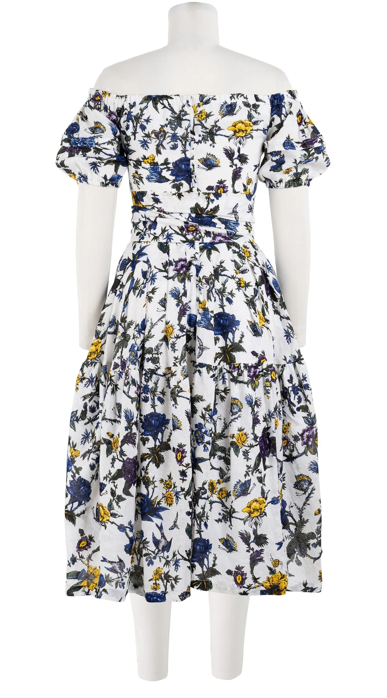 Rose Dress Off Shoulder Short Puff Sleeve Long Length Linen (Jardin Botanic)