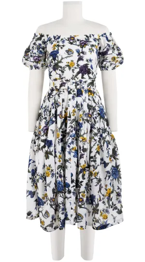 Rose Dress Off Shoulder Short Puff Sleeve Long Length Linen (Jardin Botanic)