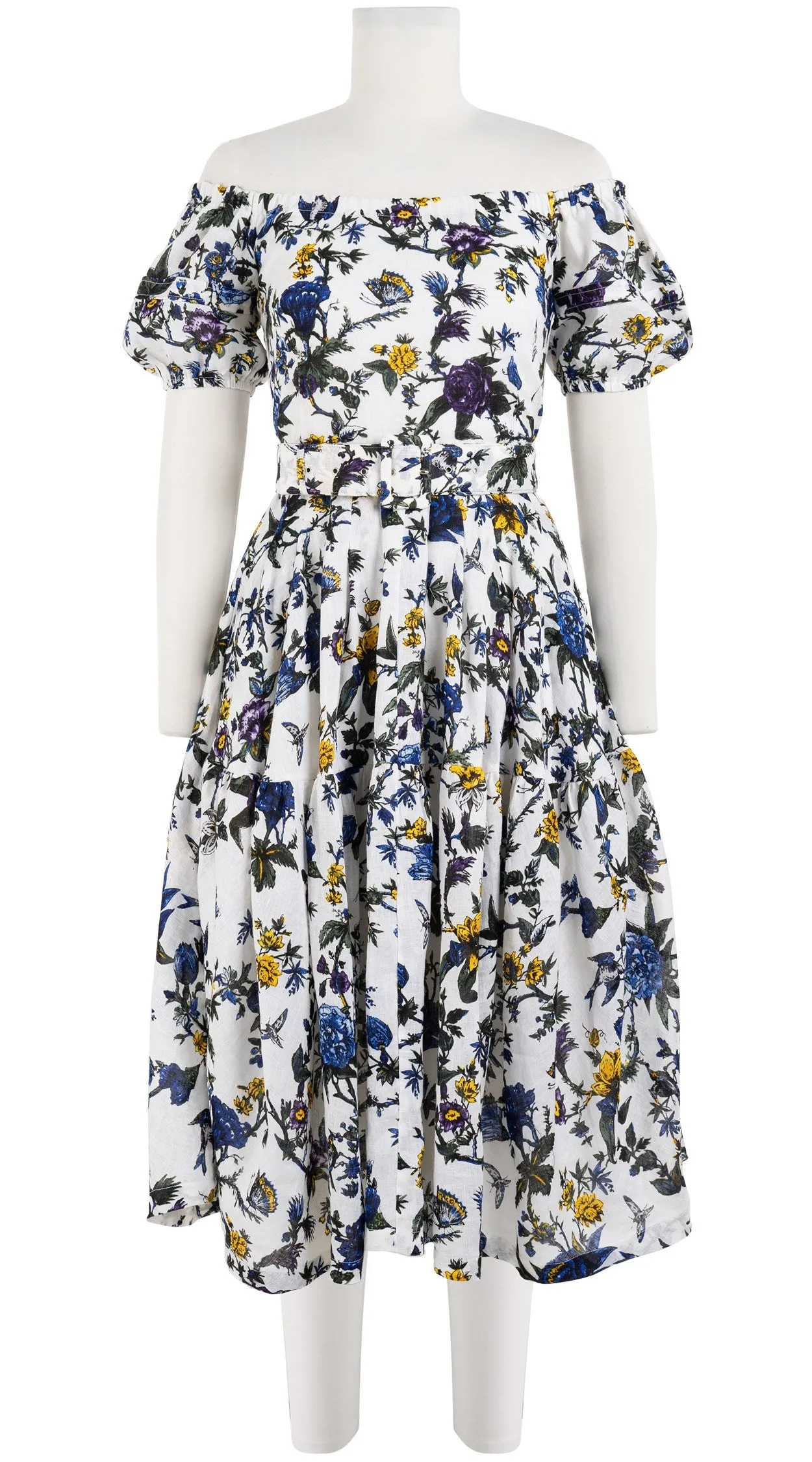 Rose Dress Off Shoulder Short Puff Sleeve Long Length Linen (Jardin Botanic)