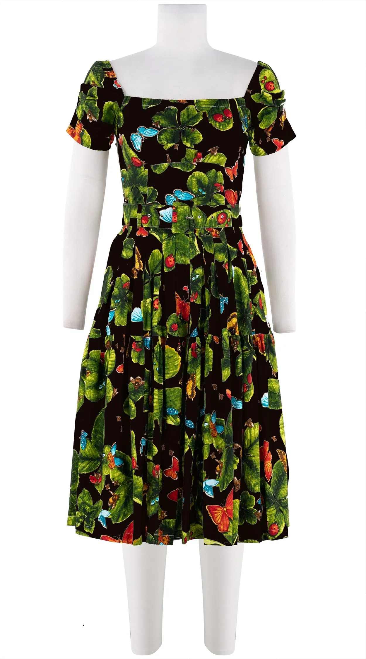 Rose Dress Square Neck Short Tuck Sleeve Long Length Cotton Stretch (Clover Butterfly Small)