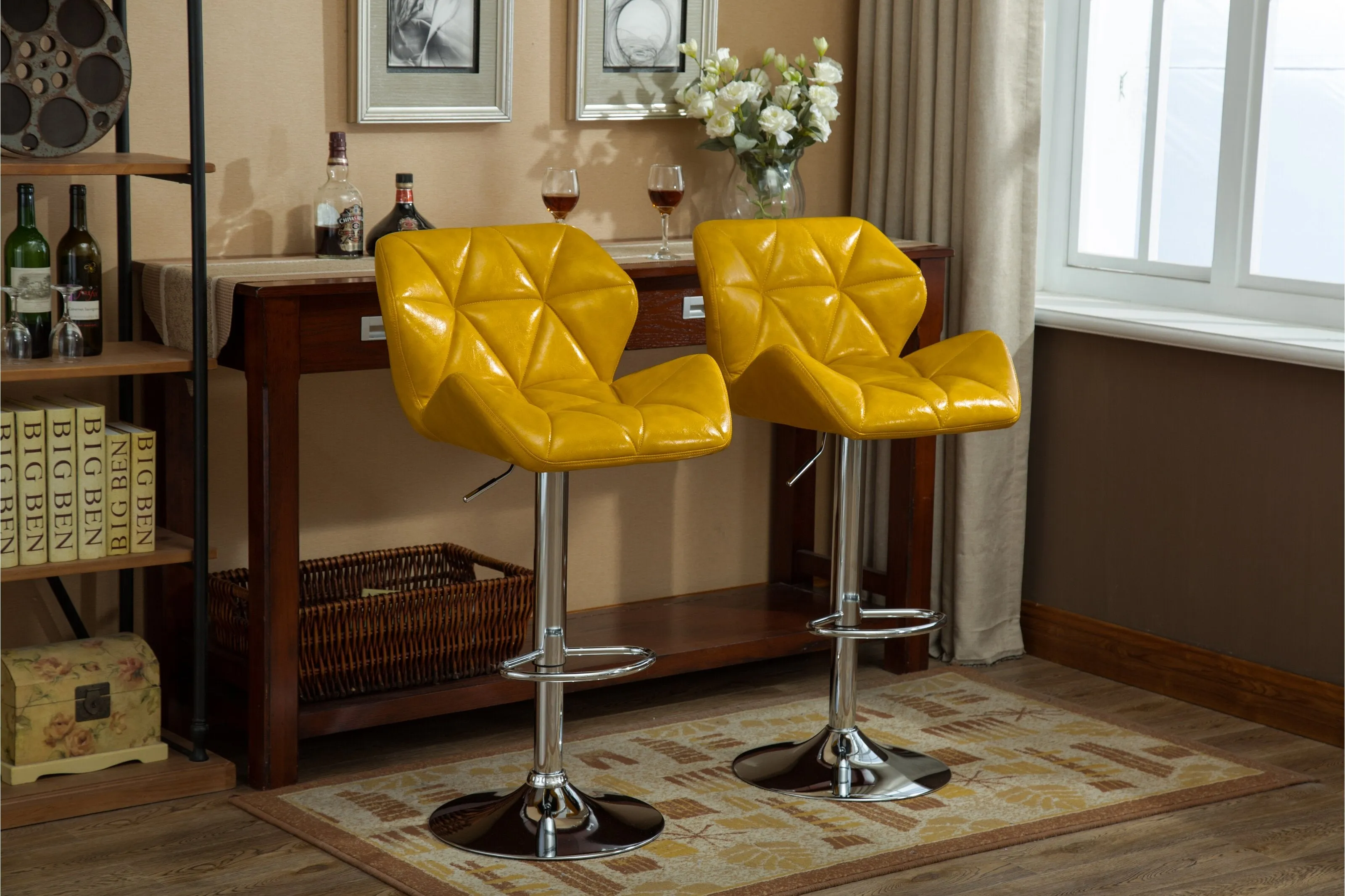 Roundhill Furniture Glasgow Contemporary Tufted Adjustable Height Hydraulic Bar Stools, Set of 2, Yellow! Retails $233 W/Tax!