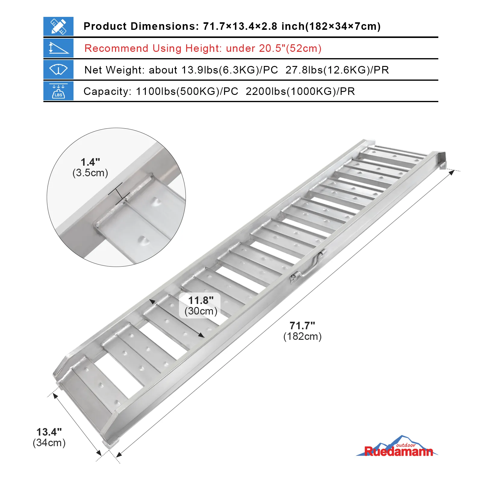 Ruedamann 4Ft Aluminum Loading Ramp 3520 Lbs Capacity Hook End Car Ramp with Load Straps Pack of 2