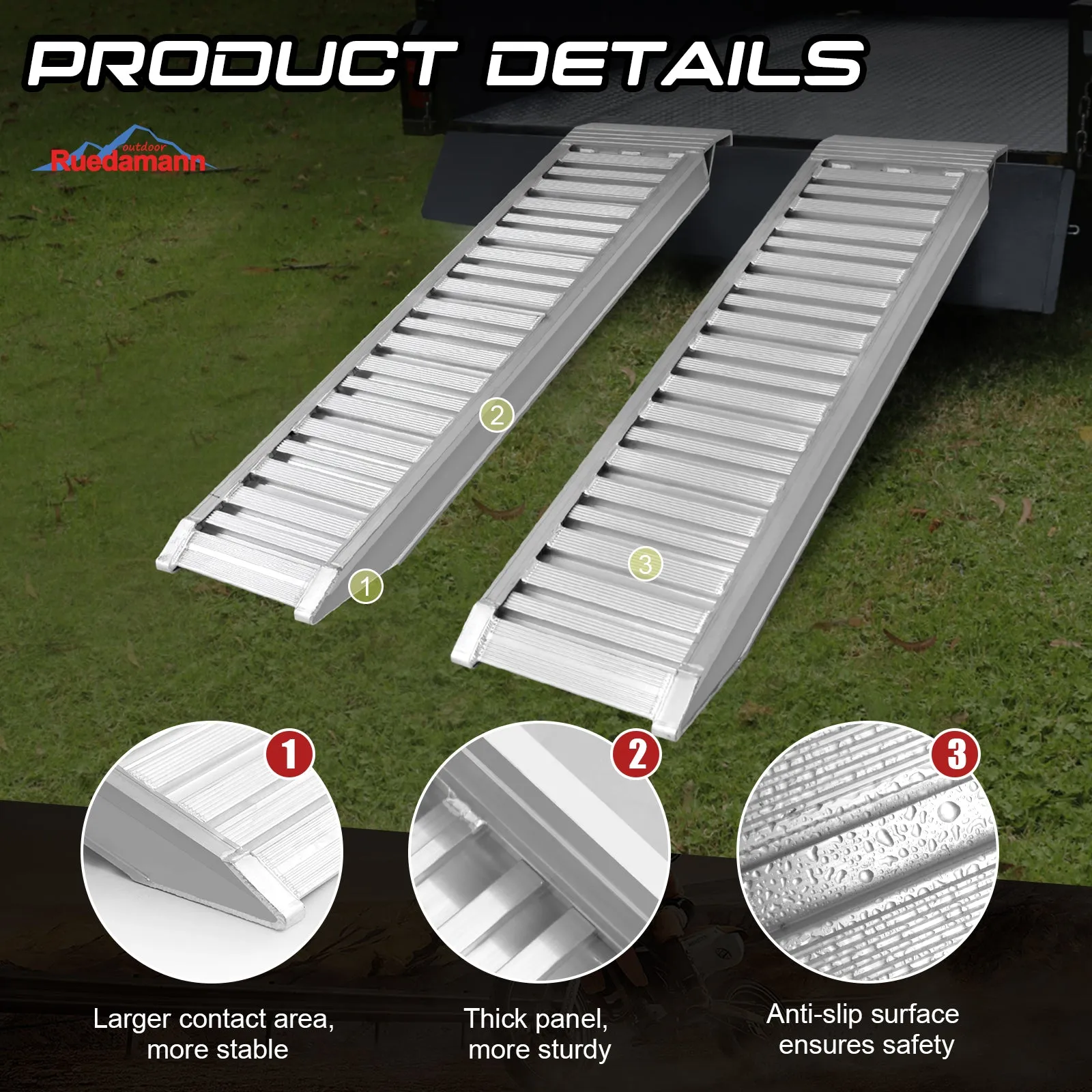 Ruedamann Aluminum Heavy Duty Trailer Ramps, 46.5" L x 11.8" W, 6600 Lbs Capacity, ATV UTV Ramps with Knife & Hook Ends, Car Trailer Ramps, Powersports Loading Ramps for Truck, Auto Hauler, 2Pcs
