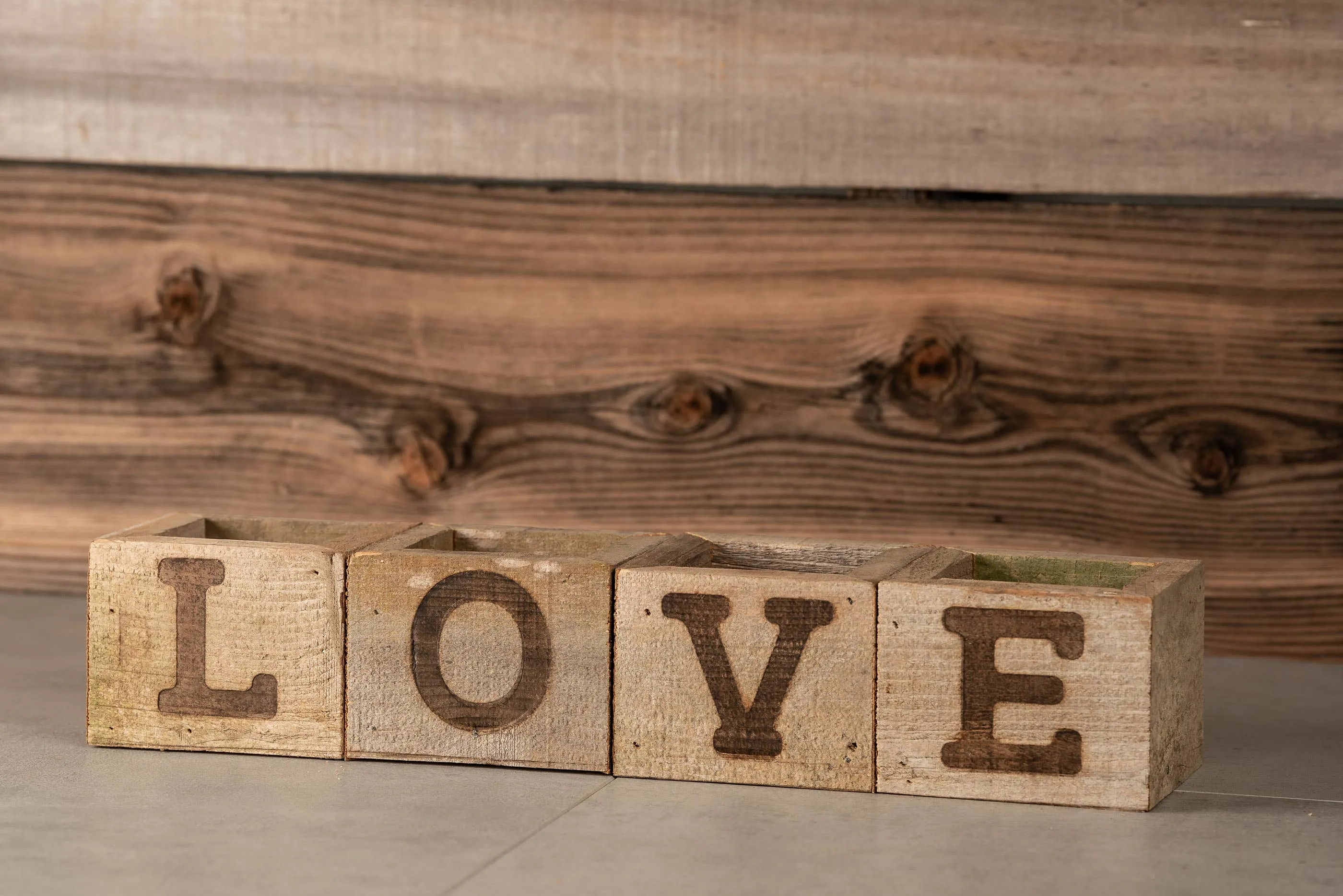 Rustic Wood Small  Planter Set  / LOVE branded wood box set