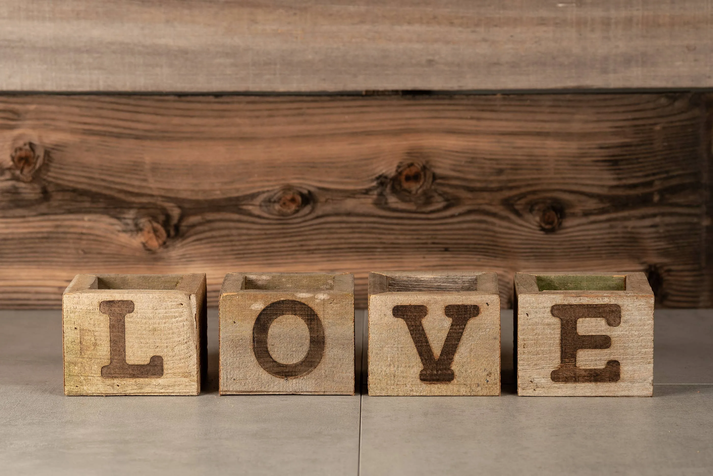 Rustic Wood Small  Planter Set  / LOVE branded wood box set