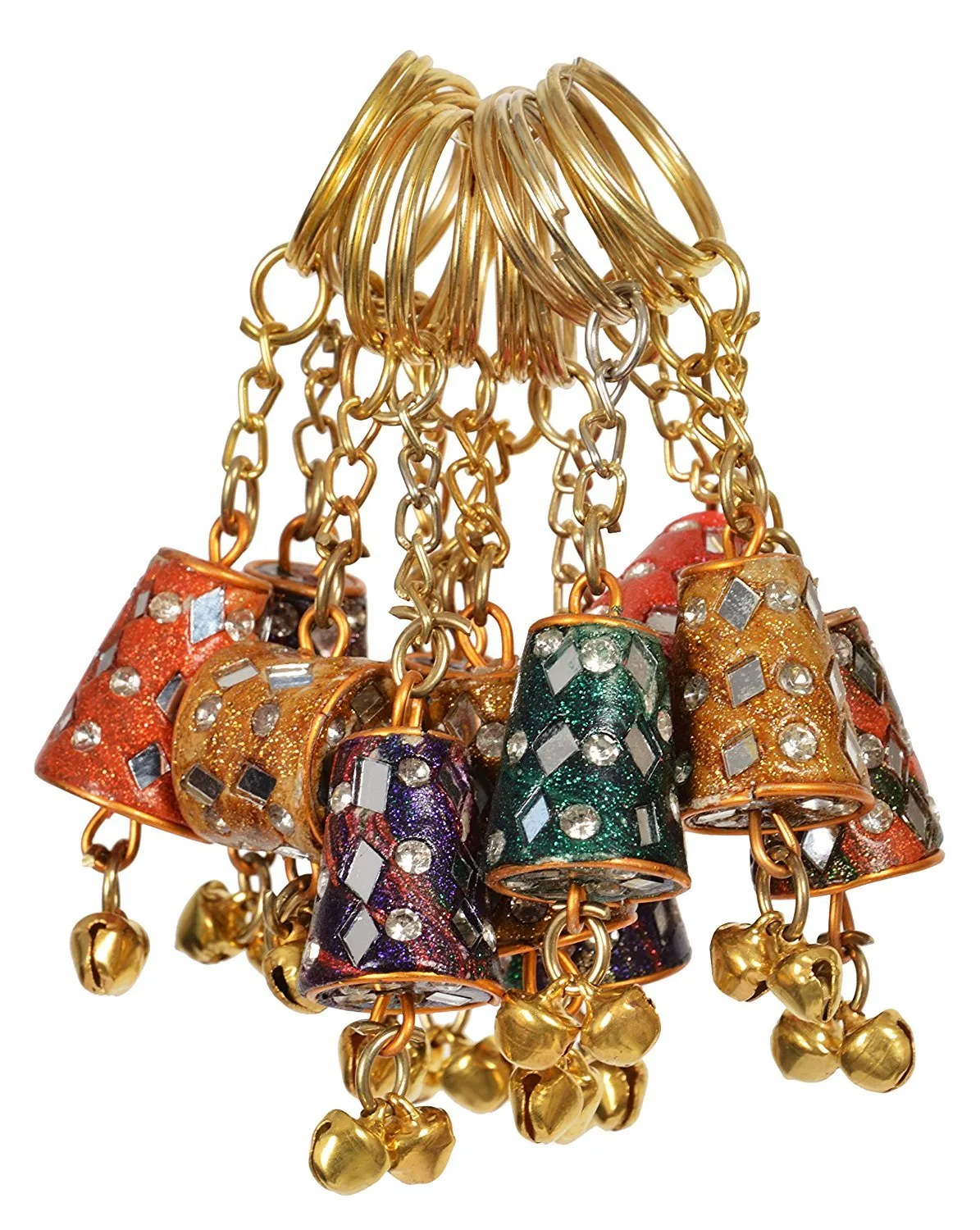 Saudeep India Wooden Hand Carved Keychains (Multicolour) - Set of 12 (Mirror Work)