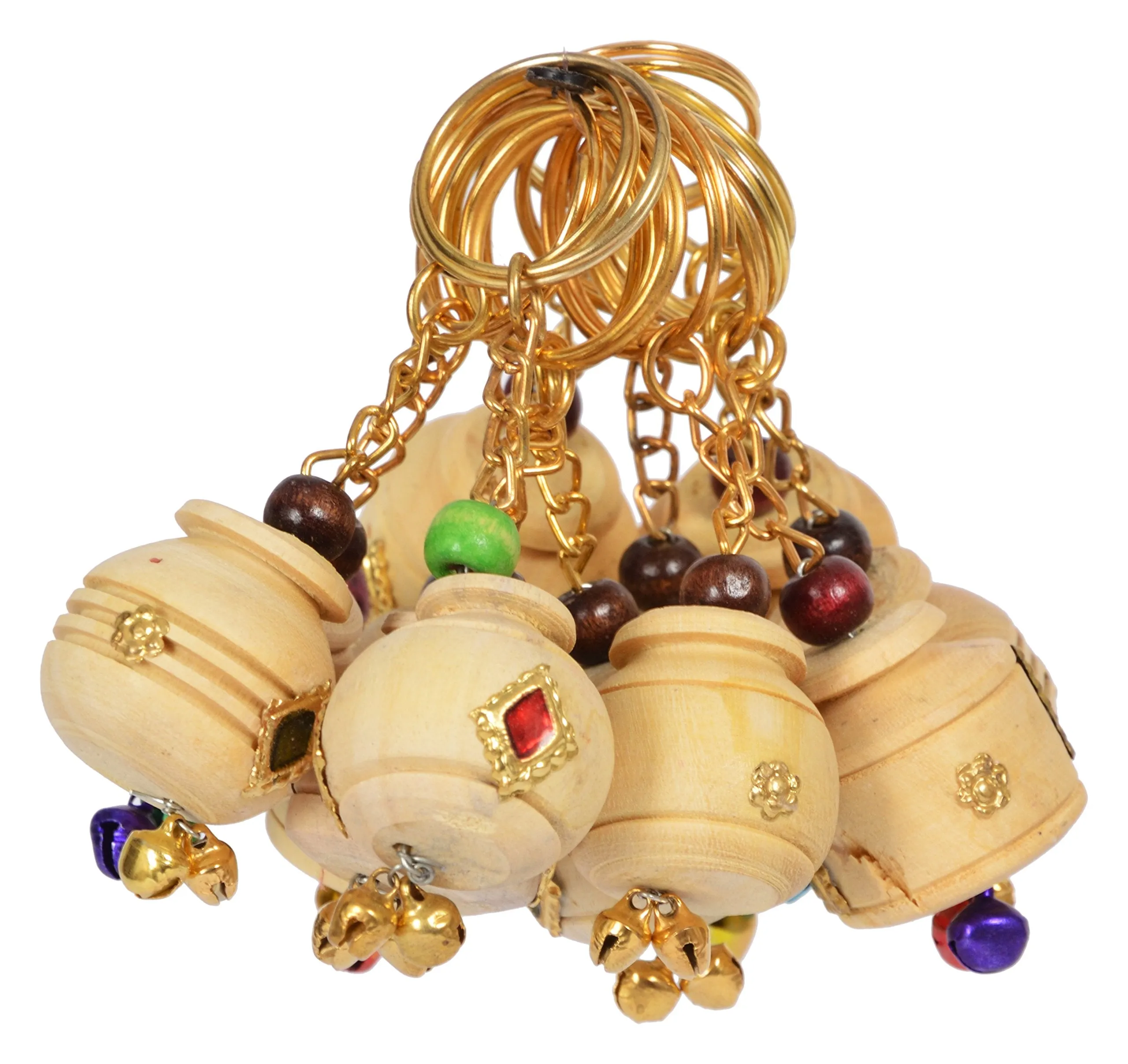 Saudeep India Wooden Hand Carved Keychains (Multicolour) - Set of 12 (Mirror Work)