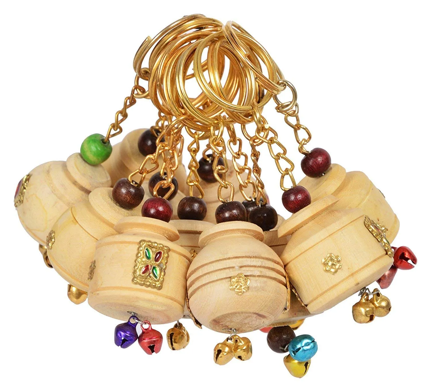 Saudeep India Wooden Hand Carved Keychains (Multicolour) - Set of 12 (Mirror Work)