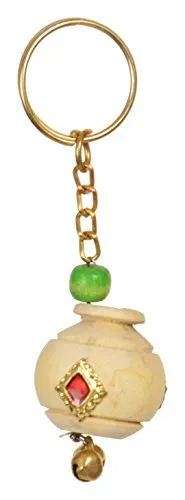 Saudeep India Wooden Hand Carved Keychains (Multicolour) - Set of 12 (Mirror Work)
