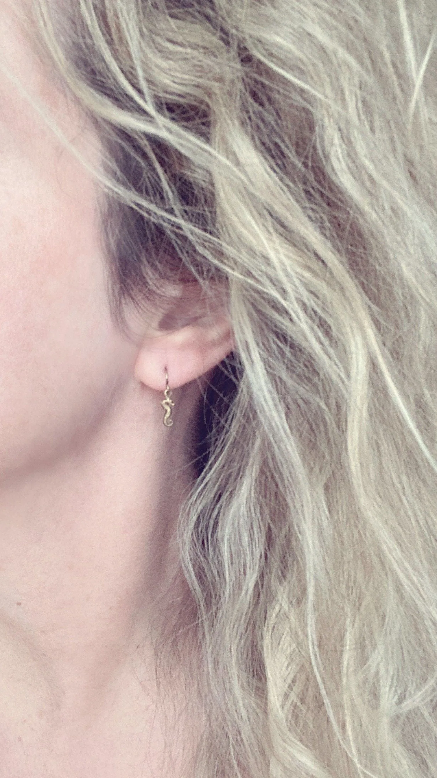 Seahorse Earrings - little tiny black gunmetal silver charms dangle on small simple shiny delicate hooks, minimalist tropical beach memento