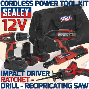 SEALEY 12V CORDLESS COMBO KIT ( DRILL - RATCHET WRENCH - RECIPROCATING SAW - IMPACT DRIVER )