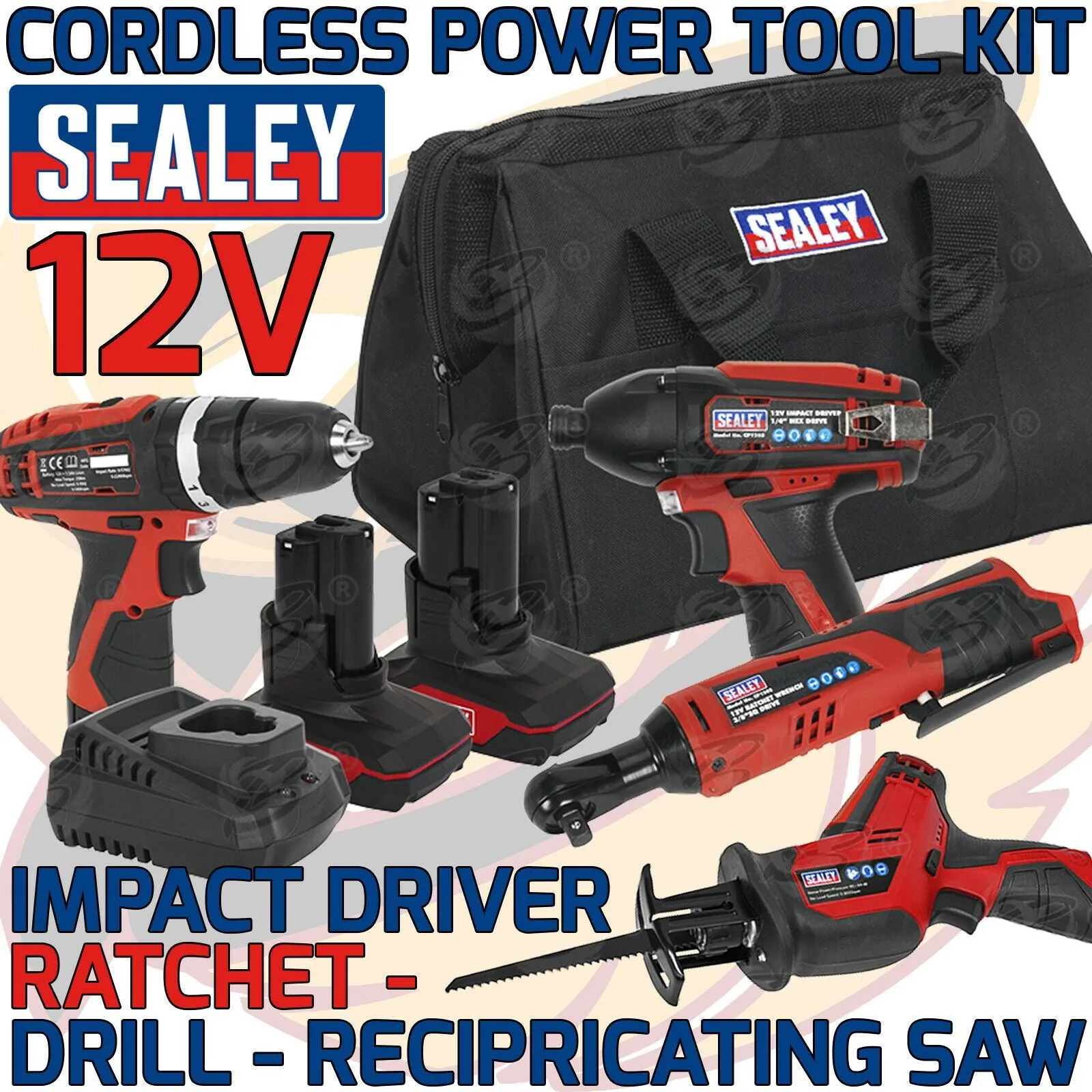 SEALEY 12V CORDLESS COMBO KIT ( DRILL - RATCHET WRENCH - RECIPROCATING SAW - IMPACT DRIVER )
