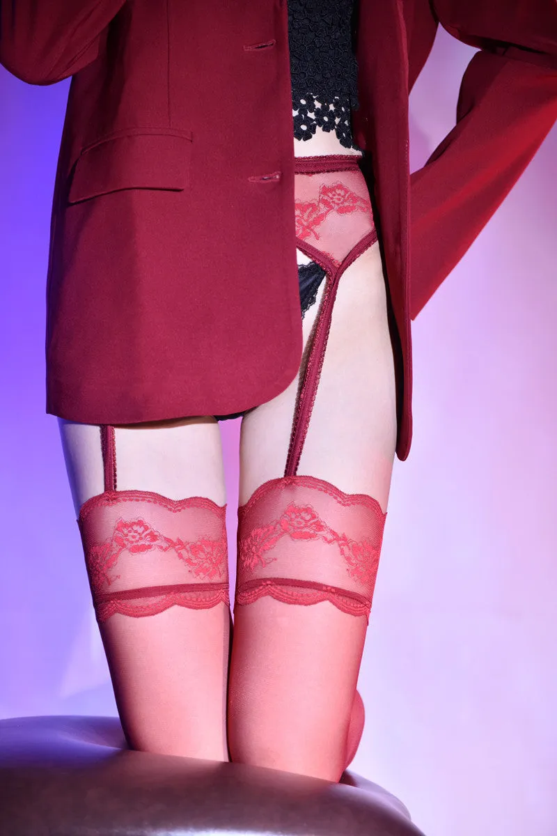 Silky Contrast Color Garter Belt Lace Stockings