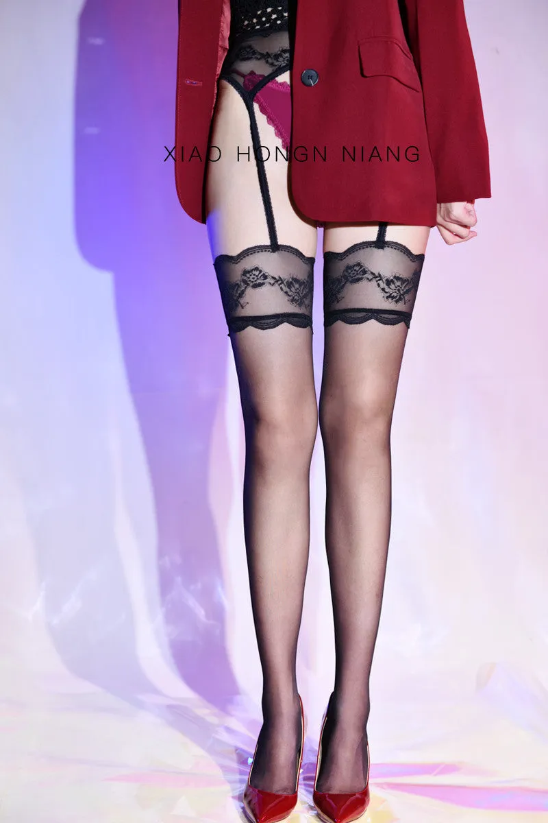 Silky Contrast Color Garter Belt Lace Stockings